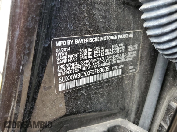 2015 BMW X4 xDrive28i with VIN 5UXXW3C5XF0F88635, listed as a Copart auction lot 56506824 with 80,243 mi miles and Salvage Title. Bid and sale history available at carsss.com. Image 12.