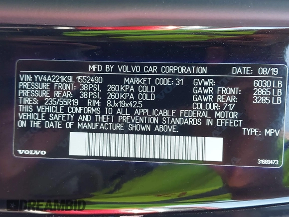 2020 Volvo XC90 Momentum с VIN YV4A221K9L1552490, выставлен на аукционе IAAI как лот 42050315 с пробегом 55 764 миль миль и . История ставок и продаж доступна на DreamBid. Изображение 9.