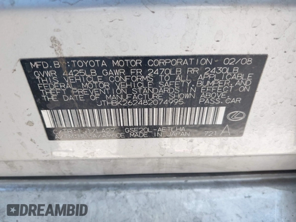 2008 Lexus IS 250 with VIN JTHBK262482074995, listed as a IAAI auction lot 42262084 with 229,315 mi miles and . Bid and sale history available at DreamBid. Image 9.