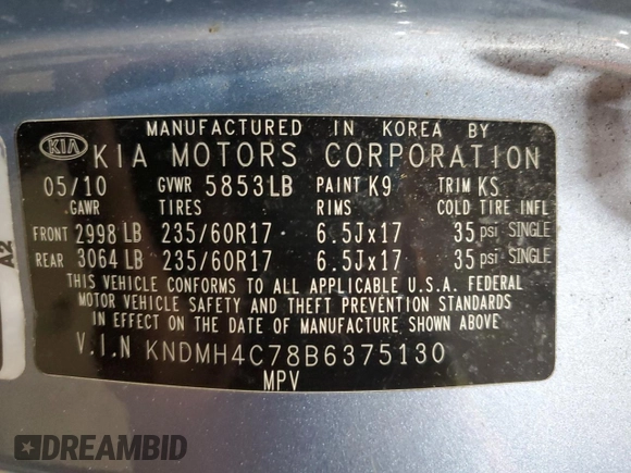 2011 Kia Sedona EX with VIN KNDMH4C78B6375130, listed as a Copart auction lot 68805044 with 151,924 mi miles and Salvage Title. Bid and sale history available at carsss.com. Image 13.