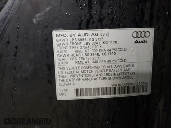 2012 Audi Q7 3.0T S line with VIN WA1DGAFE8CD008344, listed as a Copart auction lot 45141055 with 131,769 mi miles and Salvage Title. Bid and sale history available at carsss.com. Image 12.