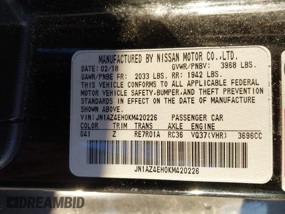 2019 Nissan 370Z Sport Touring with VIN JN1AZ4EH0KM420226, listed as a IAAI auction lot 41769891 with 18,453 mi miles and . Bid and sale history available at DreamBid. Image 9.