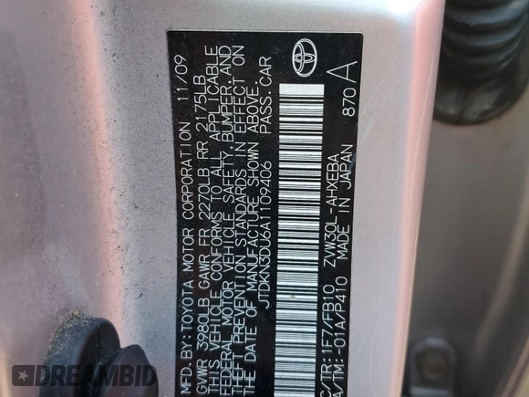 2010 Toyota Prius Four with VIN JTDKN3DU6A1109406, listed as a Copart auction lot 50160945 with 204,458 mi miles and Salvage Title. Bid and sale history available at DreamBid. Image 12.