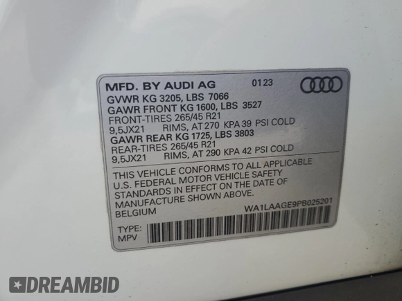2023 Audi e-tron Premium Plus with VIN WA1LAAGE9PB025201, listed as a Copart auction lot 50419185 with 20,102 mi miles and Salvage title. Bid and sale history available at DreamBid. Image 13.
