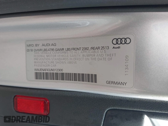 2018 Audi A4 Premium Plus z VIN WAUENAF43JN012300, wystawiony jako IAAI lot #42175129 z przebiegiem 89 521 mil mil oraz . Historia ofert i sprzedaży dostępna na DreamBid. Obrazek 9.
