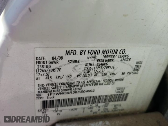 2008 Ford F-350 with VIN 1FTWW30R38EE04692, listed as a Copart auction lot 74524934 with 350,141 mi miles and Salvage title. Bid and sale history available at DreamBid. Image 12.