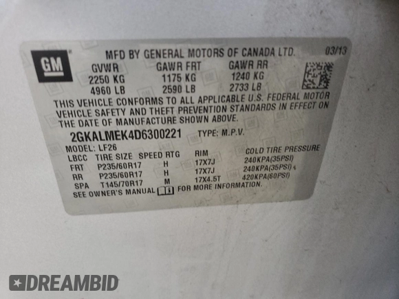 2013 GMC Terrain SLE z VIN 2GKALMEK4D6300221, wystawiony jako Copart lot #55784815 z przebiegiem 129 424 mil mil oraz Szkoda całkowita • Salvage title. Historia ofert i sprzedaży dostępna na DreamBid. Obrazek 13.