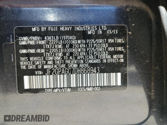 2013 Subaru Crosstrek Limited z VIN JF2GPAGC7DH868943, wystawiony jako Copart lot #59046705 z przebiegiem 118 788 mil mil oraz Szkoda całkowita • Salvage title. Historia ofert i sprzedaży dostępna na DreamBid. Obrazek 13.