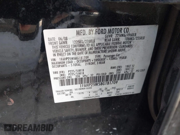 2008 Ford Taurus Limited with VIN 1FAHP25W58G181709, listed as a IAAI auction lot 42178219 with 215,850 mi miles and . Bid and sale history available at DreamBid. Image 9.