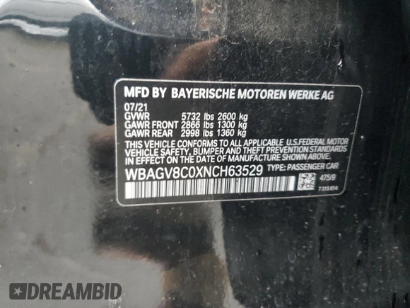 2022 BMW 8 Series M850i with VIN WBAGV8C0XNCH63529, listed as a Copart auction lot 86139494 with 78,710 mi miles and Salvage title. Bid and sale history available at DreamBid. Image 12.