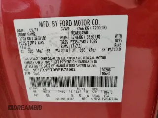 2011 Ford F-150 XL with VIN 1FTFX1ET0BFB75962, listed as a Copart auction lot 58708435 with 142,581 mi miles and Salvage title. Bid and sale history available at DreamBid. Image 12.