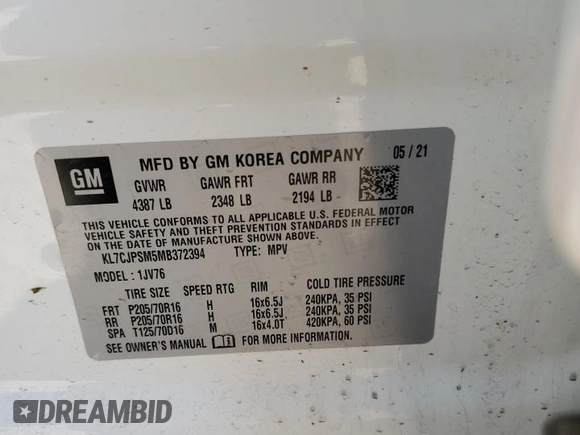 2021 Chevrolet Trax LT z VIN KL7CJPSM5MB372394, wystawiony jako Copart lot #51828485 z przebiegiem 64 557 mil mil oraz Szkoda całkowita • Salvage title. Historia ofert i sprzedaży dostępna na DreamBid. Obrazek 13.