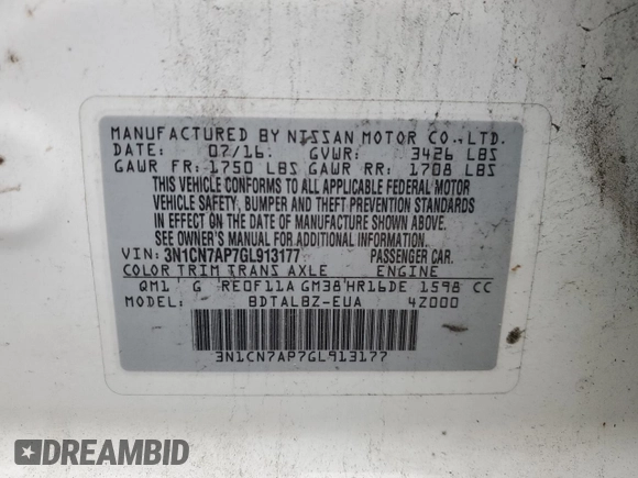 2016 Nissan Versa SV with VIN 3N1CN7AP7GL913177, listed as a Copart auction lot 56228855 with 202,930 mi miles and Clean Title. Bid and sale history available at DreamBid. Image 12.