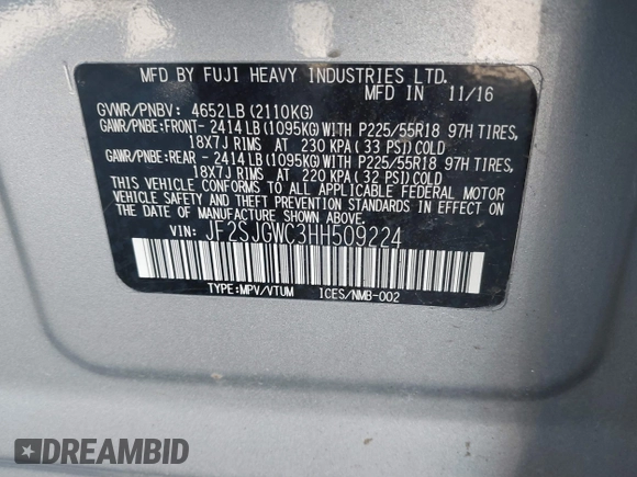 2017 Subaru Forester Touring with VIN JF2SJGWC3HH509224, listed as a IAAI auction lot 41632020 with 68,272 mi miles. Bid and sale history available at carsss.com. Image 9.