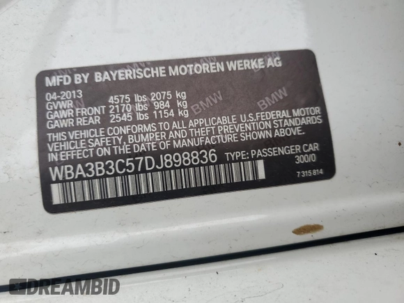 2013 BMW 3 Series 328i xDrive with VIN WBA3B3C57DJ898836, listed as a Copart auction lot 51483555 with 104,500 mi miles and Salvage Title. Bid and sale history available at carsss.com. Image 14.