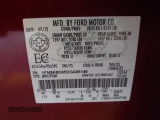 2013 Ford Explorer XLT with VIN 1FM5K8D85DGA85148, listed as a IAAI auction lot 41260474 with 134,686 mi miles and . Bid and sale history available at DreamBid. Image 9.