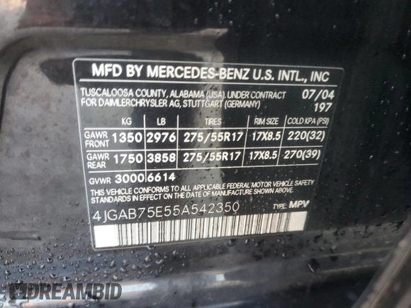 2005 Mercedes-Benz M 500 with VIN 4JGAB75E55A542350, listed as a Copart auction lot 79422774 with 169,970 mi miles and Salvage title. Bid and sale history available at DreamBid. Image 15.