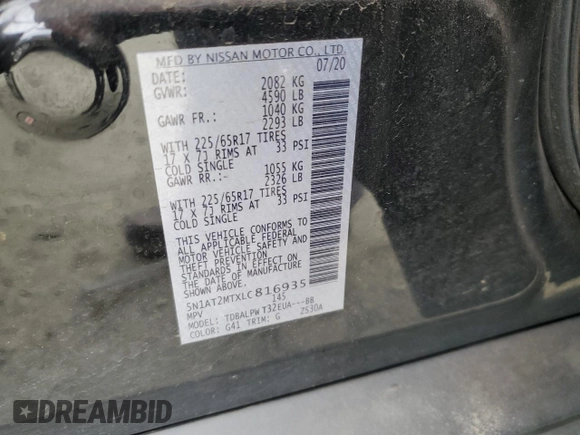 2020 Nissan Rogue S with VIN 5N1AT2MTXLC816935, listed as a Copart auction lot 47088005 with 67,073 mi miles and Salvage Title. Bid and sale history available at carsss.com. Image 16.