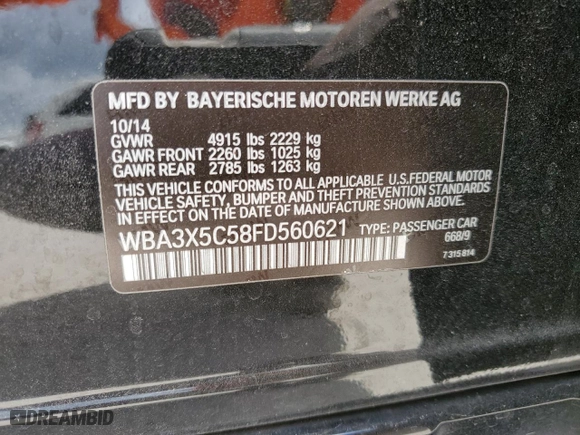 2015 BMW 3 Series Gran Turismo 328i xDrive with VIN WBA3X5C58FD560621, listed as a Copart auction lot 49293524 with 85,405 mi miles. Bid and sale history available at carsss.com. Image 14.