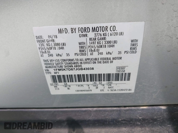 2018 Ford Explorer XLT z VIN 1FM5K7D87JGB43038, wystawiony jako IAAI lot #41978891 z przebiegiem 104 666 mil mil oraz . Historia ofert i sprzedaży dostępna na DreamBid. Obrazek 9.