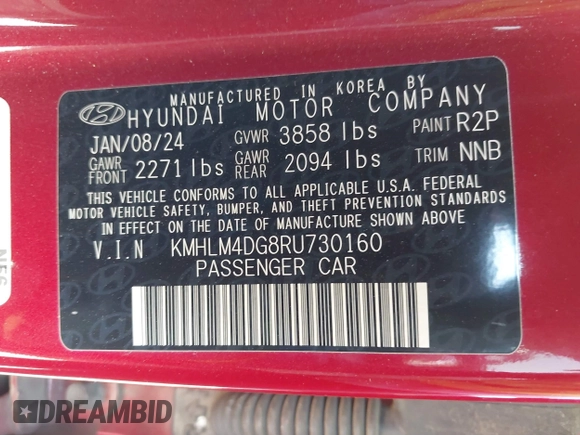 2024 Hyundai Elantra SEL with VIN KMHLM4DG8RU730160, listed as a IAAI auction lot 42344415 with 21,650 mi miles and . Bid and sale history available at DreamBid. Image 9.