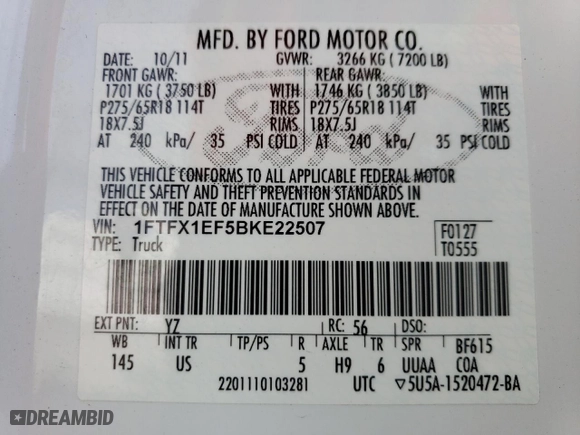 2011 Ford F-150 XL with VIN 1FTFX1EF5BKE22507, listed as a Copart auction lot 49771045 with 96,585 mi miles and Salvage Title. Bid and sale history available at carsss.com. Image 13.
