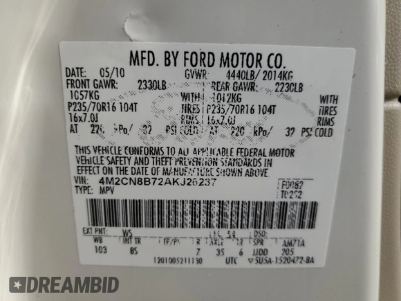 2010 Mercury Mariner с VIN 4M2CN8B72AKJ26237, выставлен на аукционе Copart как лот 51371115 с пробегом 125 004 миль миль и Чистый • Clean title. История ставок и продаж доступна на DreamBid. Изображение 12.