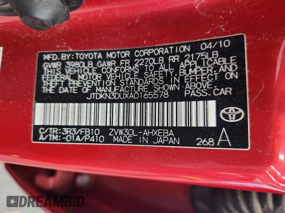 2010 Toyota Prius II z VIN JTDKN3DUXA0165578, wystawiony jako Copart lot #59407125 z przebiegiem 63 688 mil mil oraz Szkoda całkowita • Salvage title. Historia ofert i sprzedaży dostępna na DreamBid. Obrazek 12.