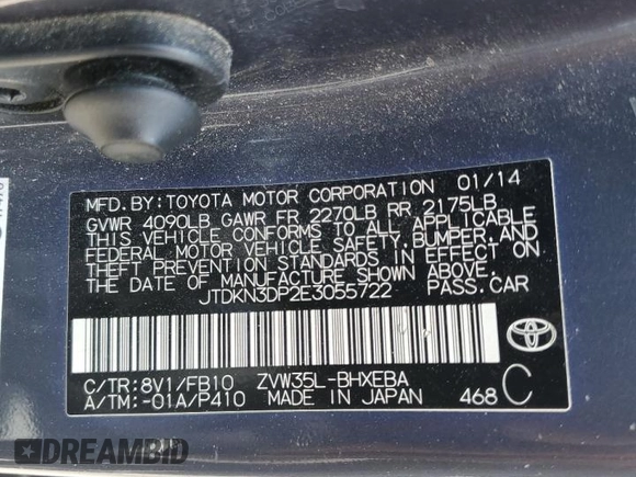 2014 Toyota Prius with VIN JTDKN3DP2E3055722, listed as a Copart auction lot 61860565 with 242,956 mi miles and Salvage title. Bid and sale history available at DreamBid. Image 12.