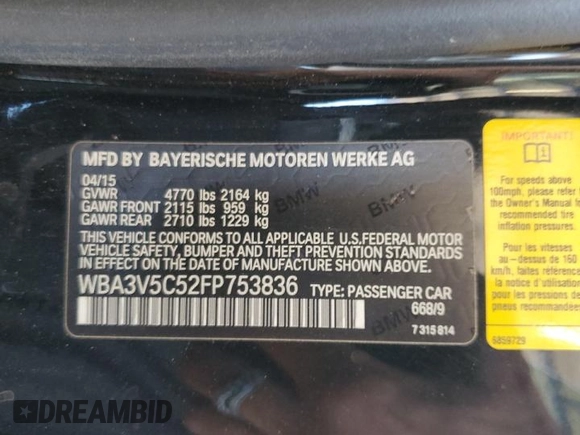 2015 BMW 4 Series 428i с VIN WBA3V5C52FP753836, выставлен на аукционе Copart как лот 53858345 с пробегом 80 847 миль миль и Списание • Salvage title. История ставок и продаж доступна на DreamBid. Изображение 12.