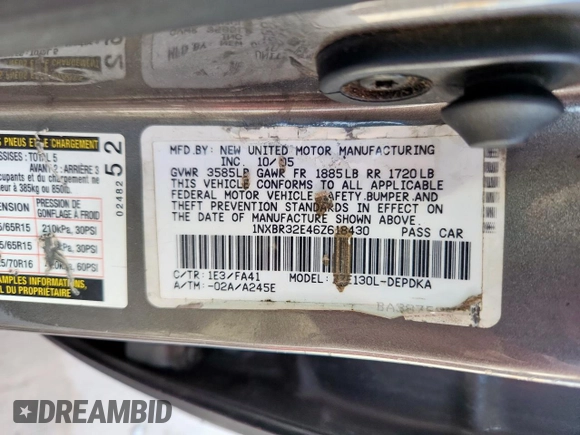 2006 Toyota Corolla CE with VIN 1NXBR32E46Z618430, listed as a Copart auction lot 61494625 with 230,054 mi miles and Non repairable. Bid and sale history available at DreamBid. Image 12.