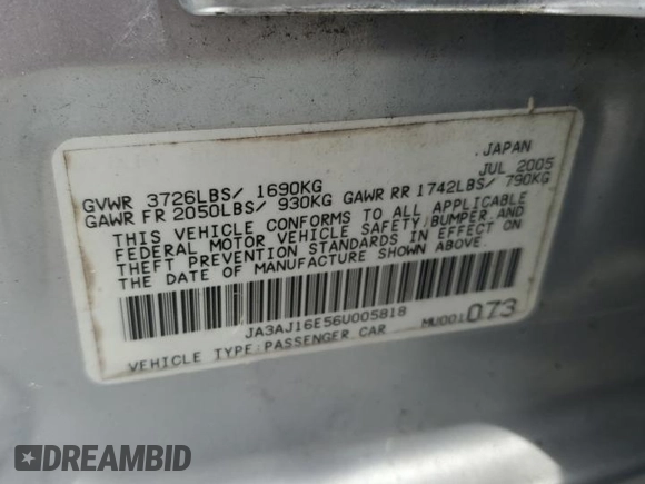2006 Mitsubishi Lancer with VIN JA3AJ16E56U005818, listed as a Copart auction lot 60749615 with 155,194 mi miles and Salvage title. Bid and sale history available at DreamBid. Image 12.