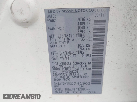 2016 Nissan Rogue SV with VIN 5N1AT2MT8GC741903, listed as a IAAI auction lot 42129112 with 188,576 mi miles. Bid and sale history available at carsss.com. Image 9.