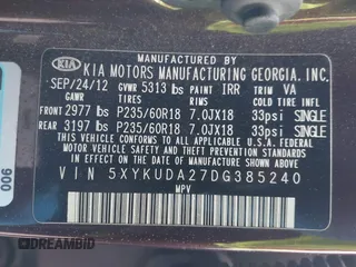 2013 Kia Sorento EX with VIN 5XYKUDA27DG385240, listed as a IAAI auction lot 41989061 with 266,169 mi miles. Bid and sale history available at carsss.com. Image 9.