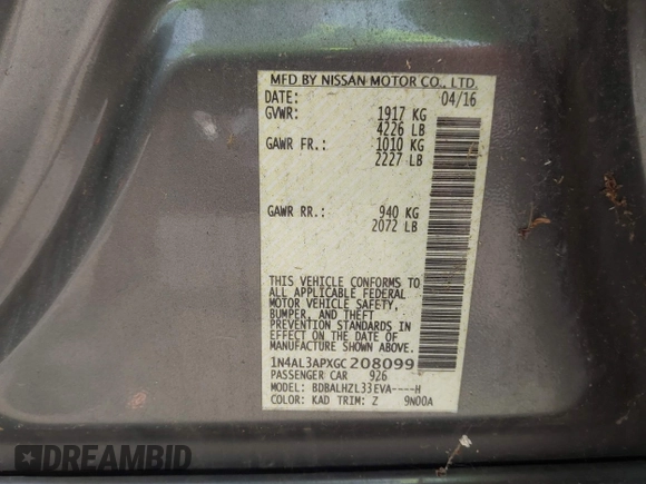 2016 Nissan Altima S z VIN 1N4AL3APXGC208099, wystawiony jako IAAI lot #42433619 z przebiegiem 216 079 mil mil oraz . Historia ofert i sprzedaży dostępna na DreamBid. Obrazek 9.