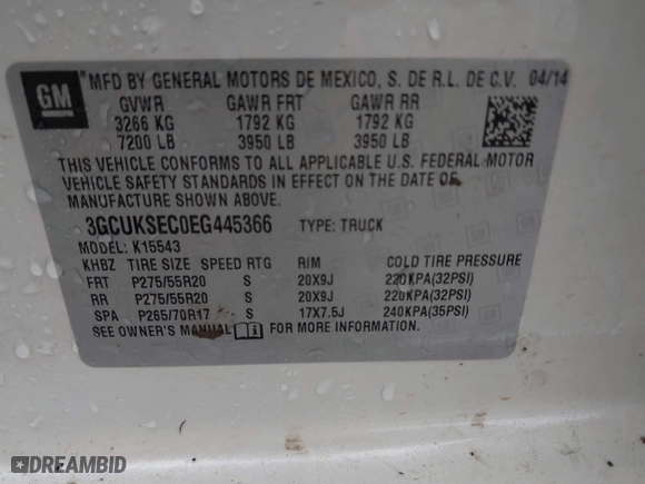 2014 Chevrolet Silverado 1500 LTZ with VIN 3GCUKSEC0EG445366, listed as a IAAI auction lot 41526222 with 1 mi miles. Bid and sale history available at carsss.com. Image 9.