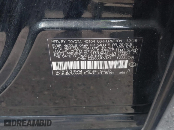 2016 Lexus IS 200t with VIN JTHBA1D22G5016073, listed as a IAAI auction lot 41905182 with Not Provided miles and . Bid and sale history available at DreamBid. Image 9.