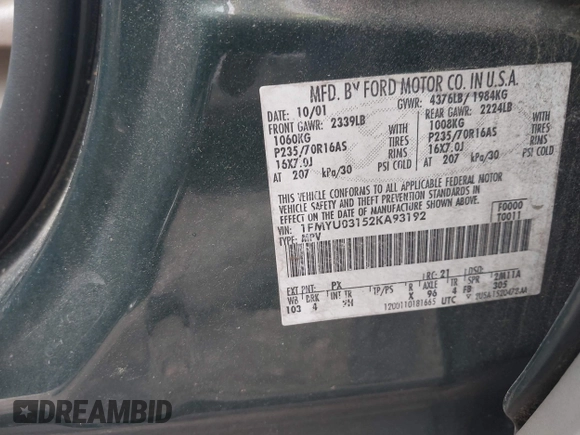 2002 Ford Escape XLT Choice with VIN 1FMYU03152KA93192, listed as a IAAI auction lot 42493314 with 181,962 mi miles and . Bid and sale history available at DreamBid. Image 9.