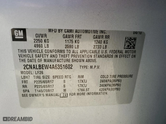 2010 Chevrolet Equinox LS with VIN 2CNALBEW4A6351602, listed as a Copart auction lot 48633685 with 187,889 mi miles and Clean Title. Bid and sale history available at carsss.com. Image 13.