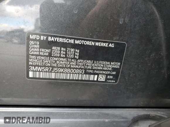 2019 BMW 3 Series 330i xDrive with VIN 3MW5R7J59K8B00893, listed as a Copart auction lot 47220575 with Not Provided miles and Salvage Title. Bid and sale history available at DreamBid. Image 14.