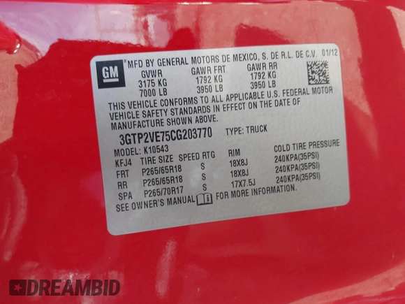 2012 GMC Sierra 1500 SLE with VIN 3GTP2VE75CG203770, listed as a IAAI auction lot 42091160 with 109,895 mi miles and . Bid and sale history available at DreamBid. Image 9.