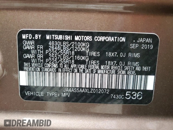2020 Mitsubishi Eclipse Cross SE z VIN JA4AS5AAXLZ012072, wystawiony jako Copart lot #76137214 z przebiegiem 18 367 mil mil oraz Szkoda całkowita • Salvage title. Historia ofert i sprzedaży dostępna na DreamBid. Obrazek 13.