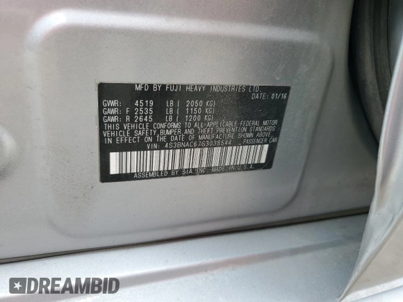 2016 Subaru Legacy Premium с VIN 4S3BNAC67G3038544, выставлен на аукционе Copart как лот 52799805 с пробегом Не указан миль и Списание • Salvage title. История ставок и продаж доступна на DreamBid. Изображение 13.