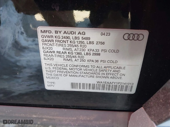 2023 Audi Q5 S line Premium Plus with VIN WA1EAAFY1P2141013, listed as a IAAI auction lot 41244699 with 9,392 mi miles. Bid and sale history available at carsss.com. Image 9.
