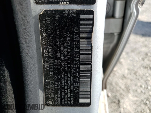 2001 BMW 3 Series 330i with VIN WBAAV53451FJ71310, listed as a Copart auction lot 42214815 with 228,645 mi miles and Salvage Title. Bid and sale history available at carsss.com. Image 12.