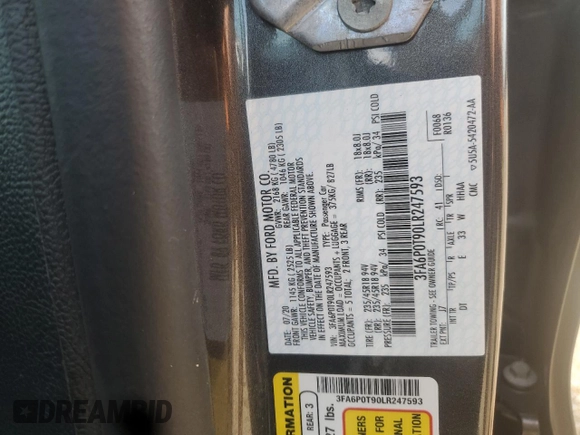 2020 Ford Fusion SE with VIN 3FA6P0T90LR247593, listed as a Copart auction lot 59741115 with 155,658 mi miles and Salvage title. Bid and sale history available at DreamBid. Image 13.