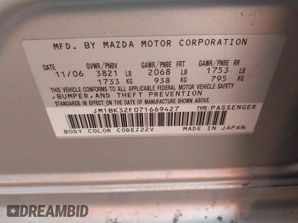 2007 Mazda 3 i Sport with VIN JM1BK32F071669427, listed as a IAAI auction lot 42050477 with 159,793 mi miles and . Bid and sale history available at DreamBid. Image 9.