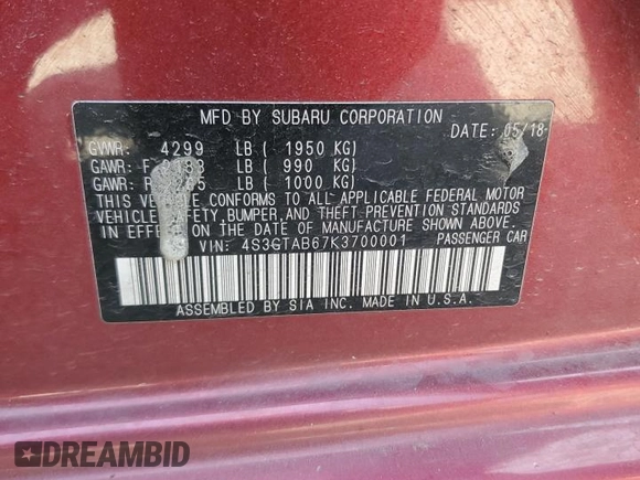2019 Subaru Impreza с VIN 4S3GTAB67K3700001, выставлен на аукционе Copart как лот 55342785 с пробегом 38 133 миль миль и Списание • Salvage title. История ставок и продаж доступна на DreamBid. Изображение 13.