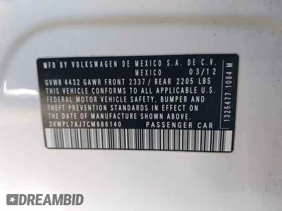 2012 Volkswagen Jetta SportWagen TDI with VIN 3VWPL7AJ7CM686140, listed as a IAAI auction lot 41700711 with 81,831 mi miles. Bid and sale history available at carsss.com. Image 9.