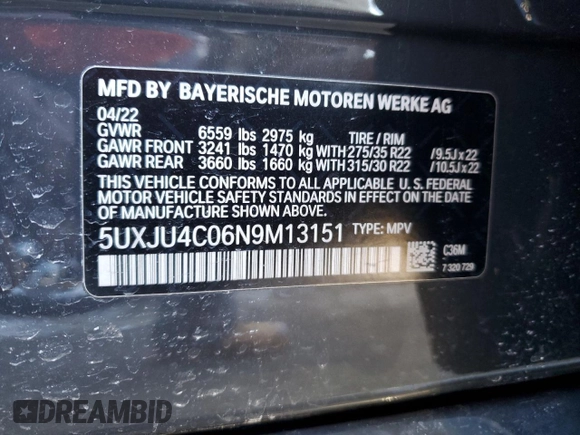 2022 BMW X5 M50i with VIN 5UXJU4C06N9M13151, listed as a Copart auction lot 45640985 with 0 mi miles and Salvage Title. Bid and sale history available at carsss.com. Image 15.